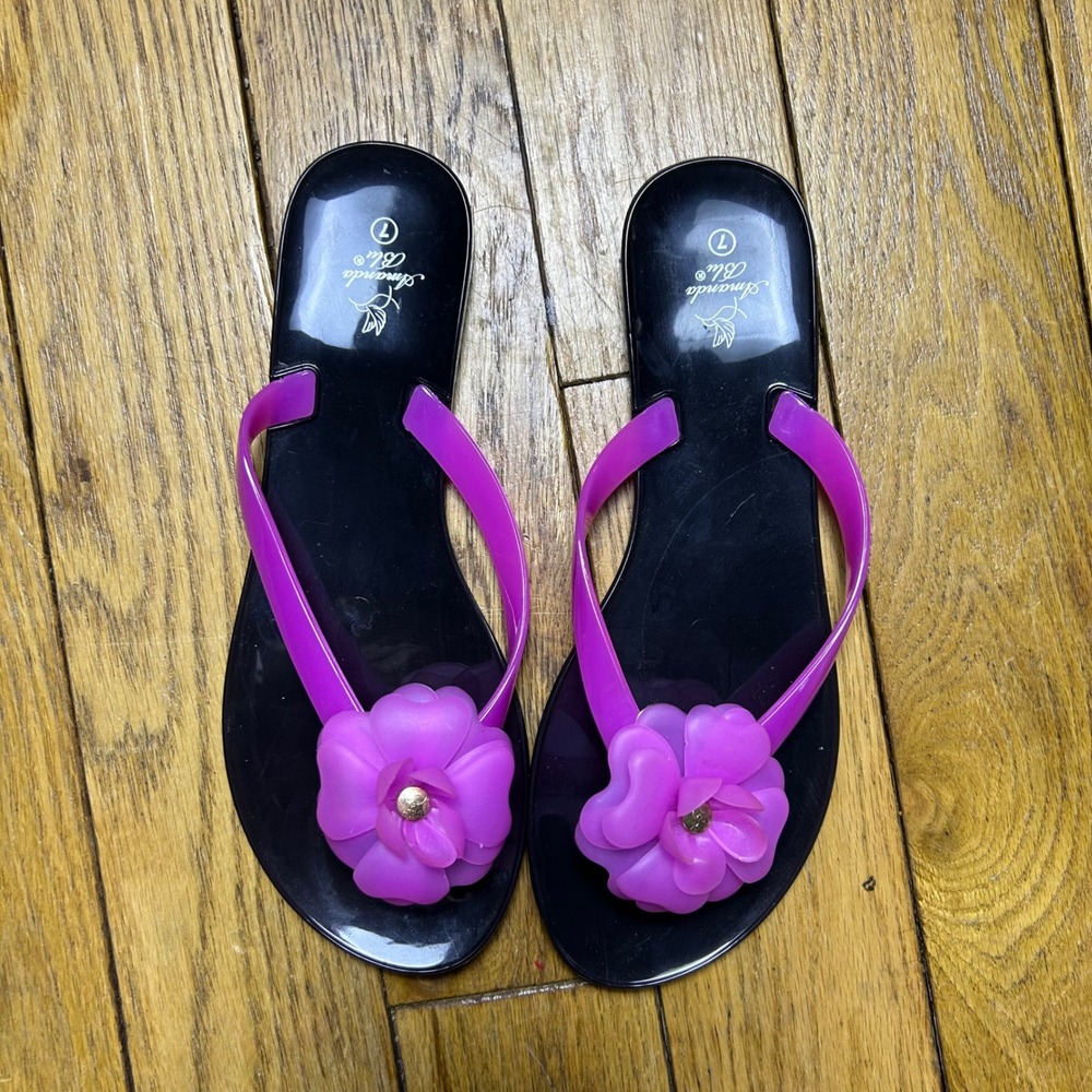 Amanda Blu Womens Jelly Flip Flops Black Purple Flower Thong Sandals Size 7